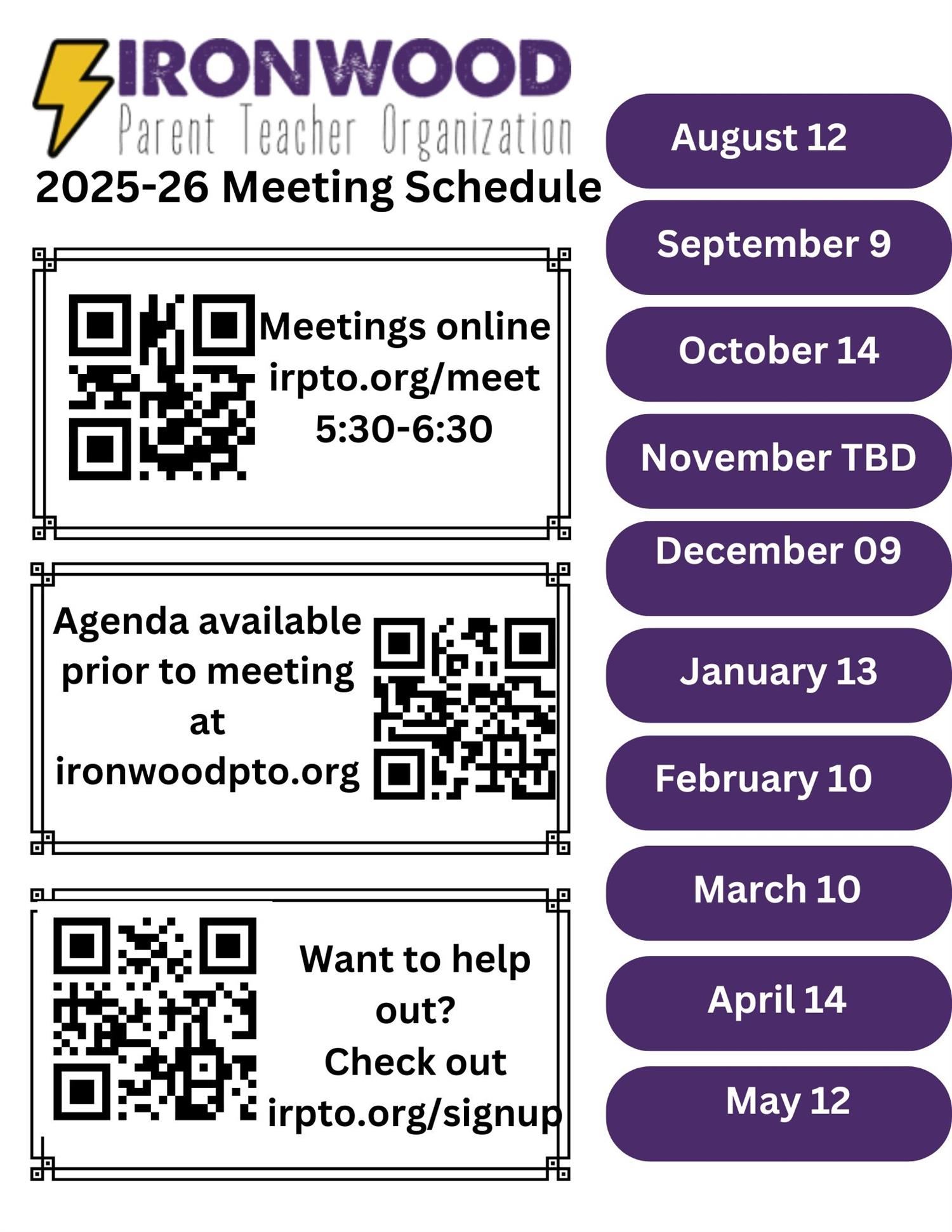 PTO Monthly Meeting Schedule